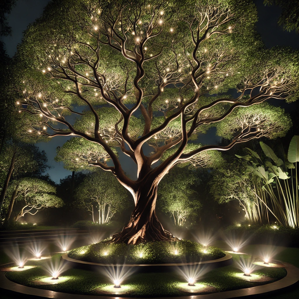 Иллюстрация красиво освещенного дерева ночью, подсвеченного колодцами.