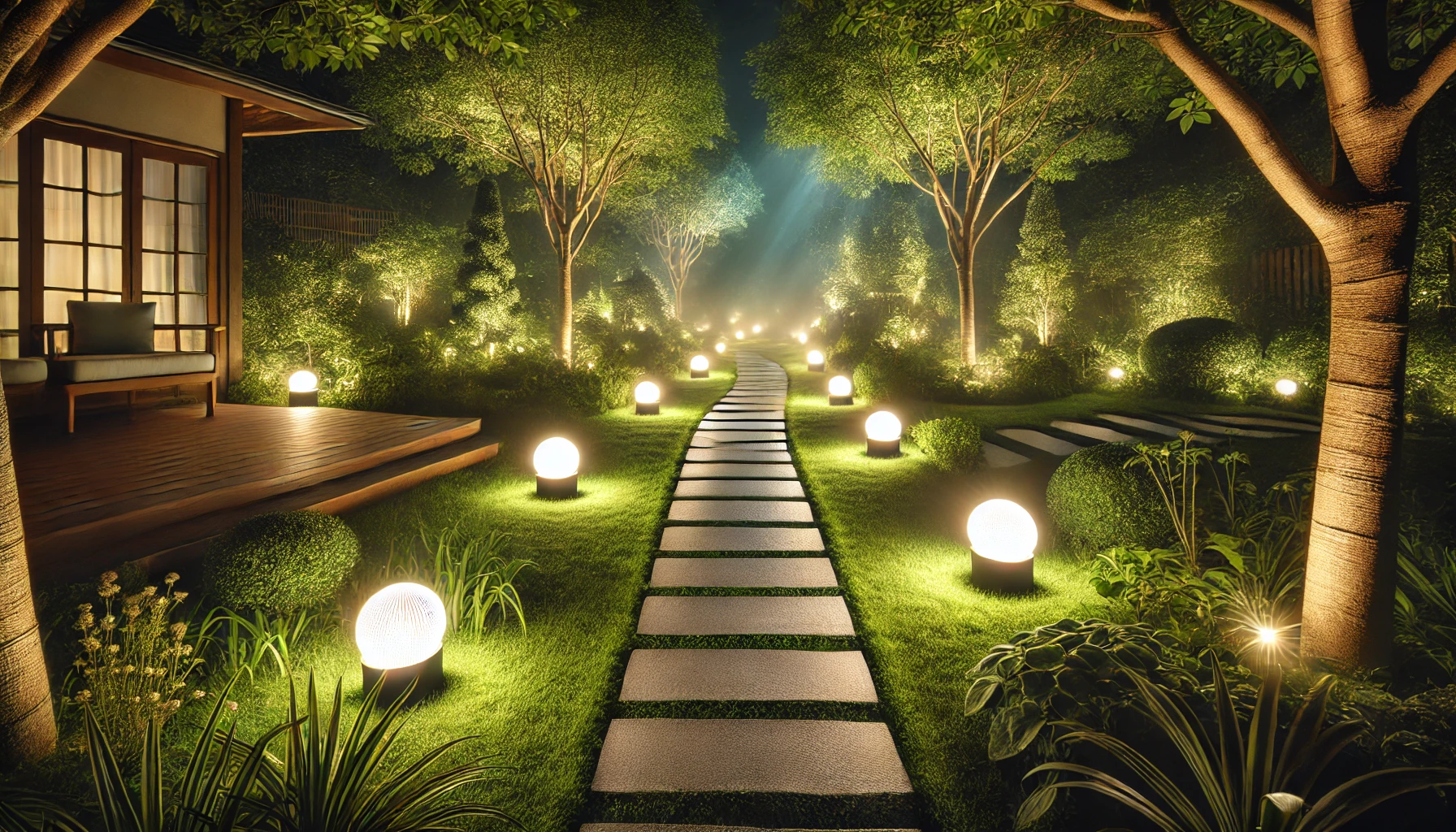 Дорожка в саду, освещенная фонарями ночью