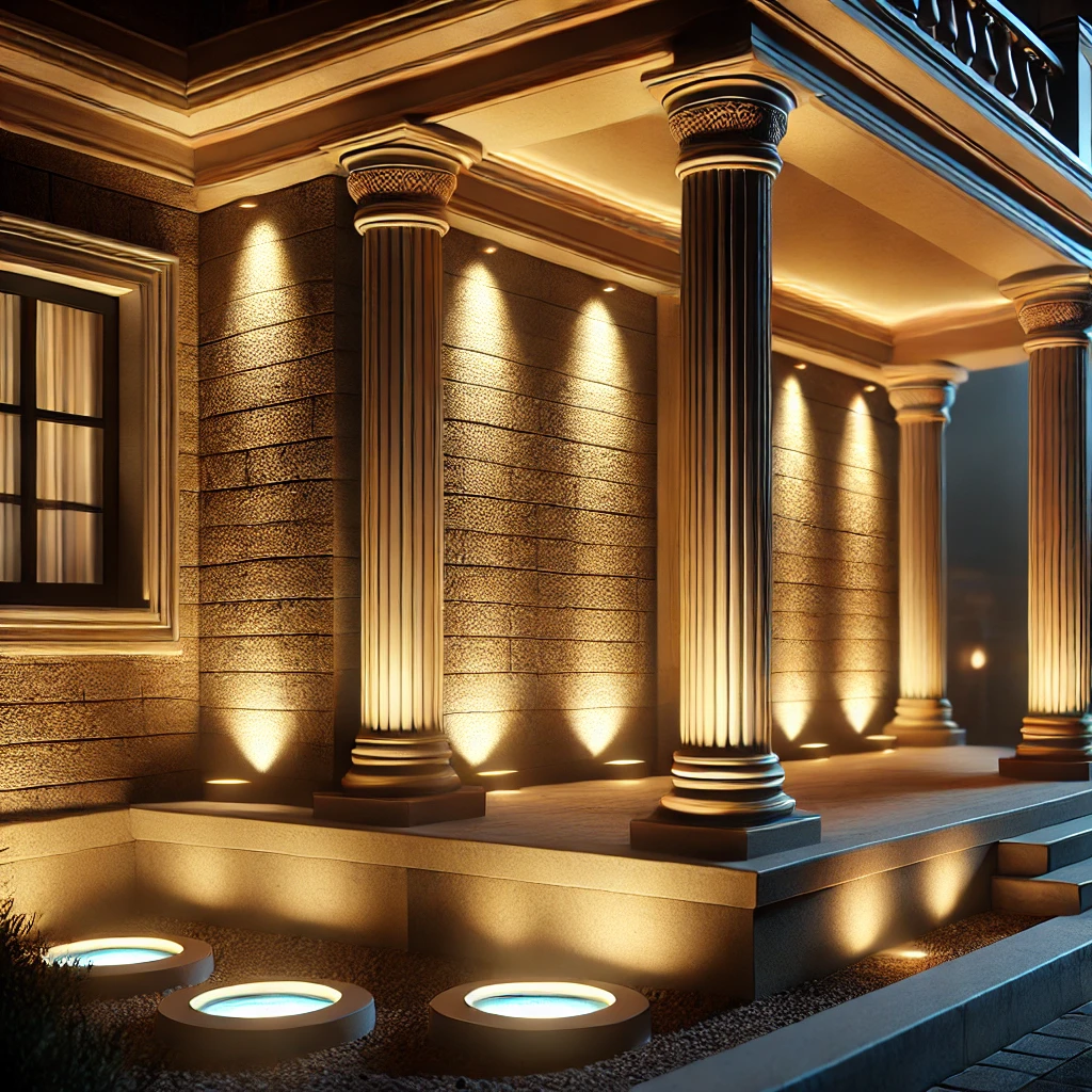 Иллюстрация колодцев, подчеркивающих архитектурные особенности дома в ночное время.